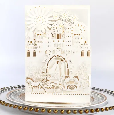 Carte d'invitation de mariage ajourée au Laser, château 3D, carte de vœux avec feuille